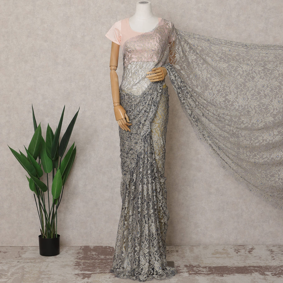 ساري فرنسي فاخر من قماش دانتيل شانتيلي ثنائي اللون باللون الأزرق الذهبي الباهت مع تطريز حجري - طول 5.5 متر وعرض 110 سم - مستورد من فرنسا - D22944