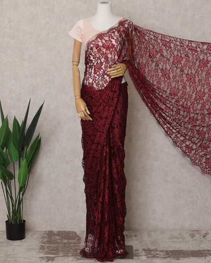 Wine Red Premium French 2-Tone Chantilly Lace Saree Fabric with Stone Work – 5.5 Meters Length & 110 Cms Width – Imported from France-D22945