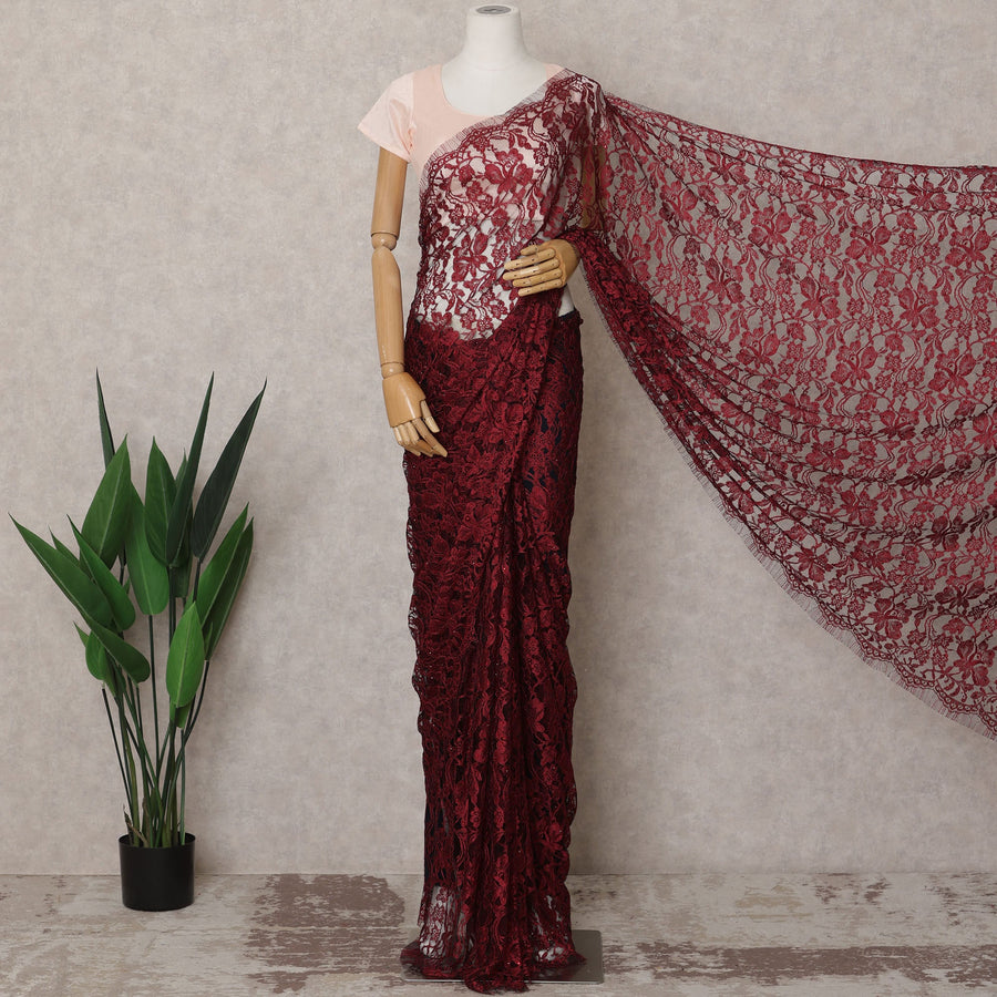 Wine Red Premium French 2-Tone Chantilly Lace Saree Fabric with Stone Work – 5.5 Meters Length & 110 Cms Width – Imported from France-D22945