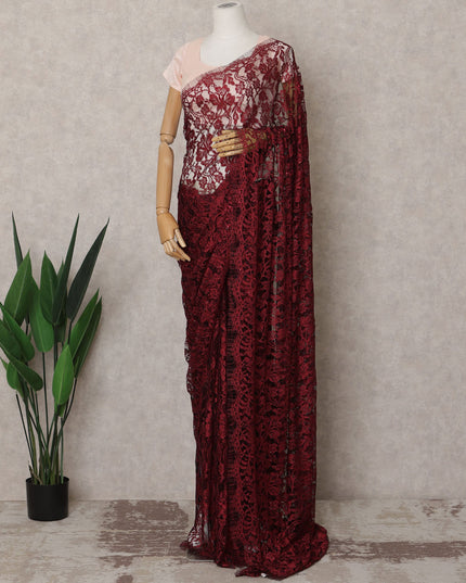 Wine Red Premium French 2-Tone Chantilly Lace Saree Fabric with Stone Work – 5.5 Meters Length & 110 Cms Width – Imported from France-D22945