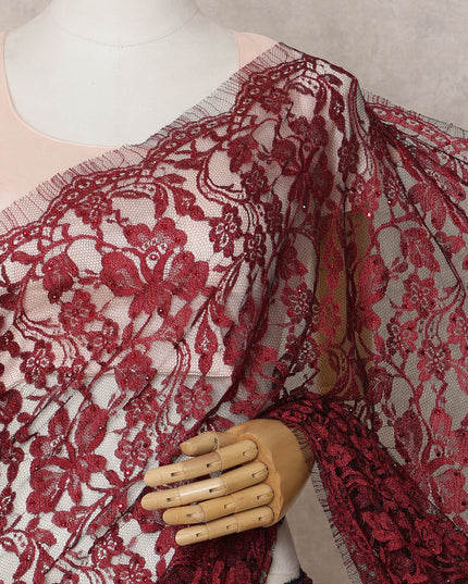 Wine Red Premium French 2-Tone Chantilly Lace Saree Fabric with Stone Work – 5.5 Meters Length & 110 Cms Width – Imported from France-D22945