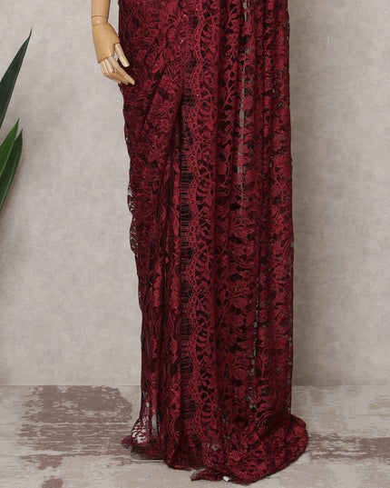 Wine Red Premium French 2-Tone Chantilly Lace Saree Fabric with Stone Work – 5.5 Meters Length & 110 Cms Width – Imported from France-D22945