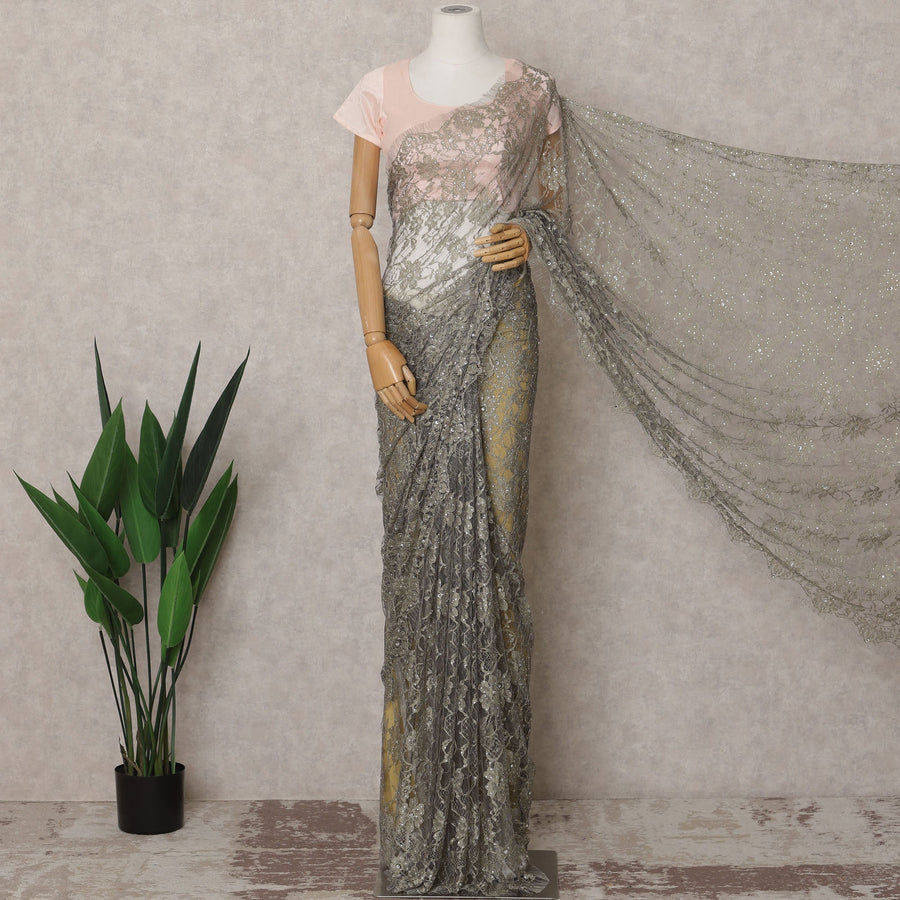 Ash Green Premium French 2-Tone Chantilly Lace Saree Fabric with Stone Work – 5.5 Meters Length & 110 Cms Width – Imported from France-D22946