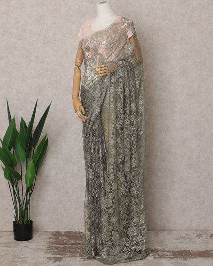 Ash Green Premium French 2-Tone Chantilly Lace Saree Fabric with Stone Work – 5.5 Meters Length & 110 Cms Width – Imported from France-D22946