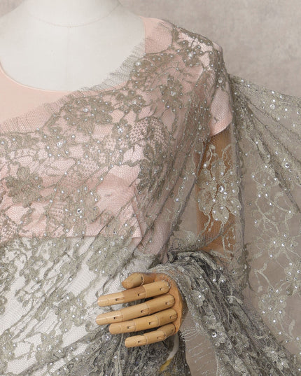 Ash Green Premium French 2-Tone Chantilly Lace Saree Fabric with Stone Work – 5.5 Meters Length & 110 Cms Width – Imported from France-D22946