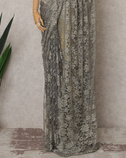 Ash Green Premium French 2-Tone Chantilly Lace Saree Fabric with Stone Work – 5.5 Meters Length & 110 Cms Width – Imported from France-D22946