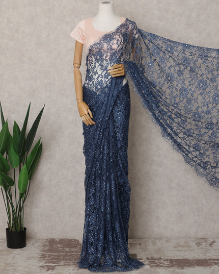 Navy Blue Premium French 2-Tone Chantilly Lace Saree Fabric with Stone Work – 5.5 Meters Length & 110 Cms Width – Imported from France-D22947