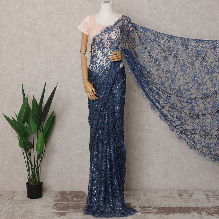 Navy Blue Premium French 2-Tone Chantilly Lace Saree Fabric with Stone Work – 5.5 Meters Length & 110 Cms Width – Imported from France-D22947