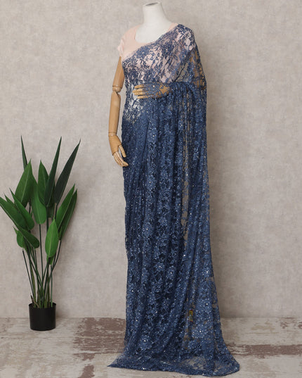 Navy Blue Premium French 2-Tone Chantilly Lace Saree Fabric with Stone Work – 5.5 Meters Length & 110 Cms Width – Imported from France-D22947
