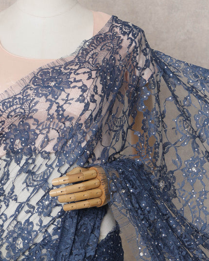 Navy Blue Premium French 2-Tone Chantilly Lace Saree Fabric with Stone Work – 5.5 Meters Length & 110 Cms Width – Imported from France-D22947