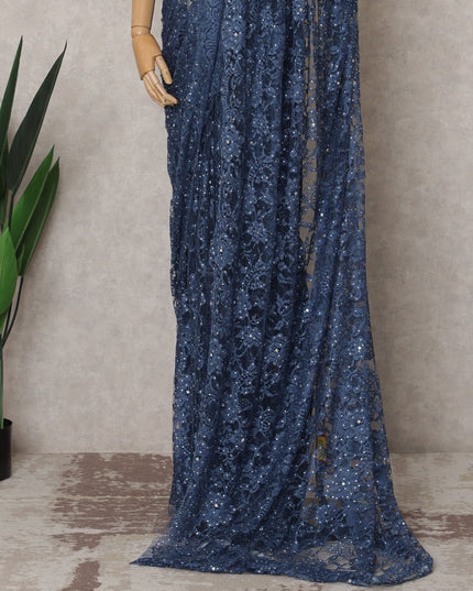 Navy Blue Premium French 2-Tone Chantilly Lace Saree Fabric with Stone Work – 5.5 Meters Length & 110 Cms Width – Imported from France-D22947