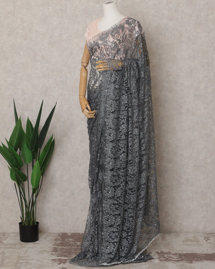 ساري فرنسي فاخر بلون رمادي فحمي من قماش شانتيلي ثنائي اللون مع تطريز حجري - طول 5.5 متر وعرض 110 سم - مستورد من فرنسا - D22948