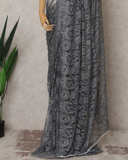 ساري فرنسي فاخر بلون رمادي فحمي من قماش شانتيلي ثنائي اللون مع تطريز حجري - طول 5.5 متر وعرض 110 سم - مستورد من فرنسا - D22948