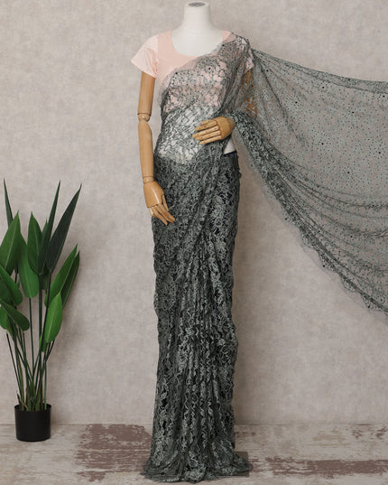 ساري فرنسي فاخر من قماش شانتيلي ثنائي اللون باللونين الأخضر والأسود مع تطريز حجري - طول 5.5 متر وعرض 110 سم - مستورد من فرنسا - D22949