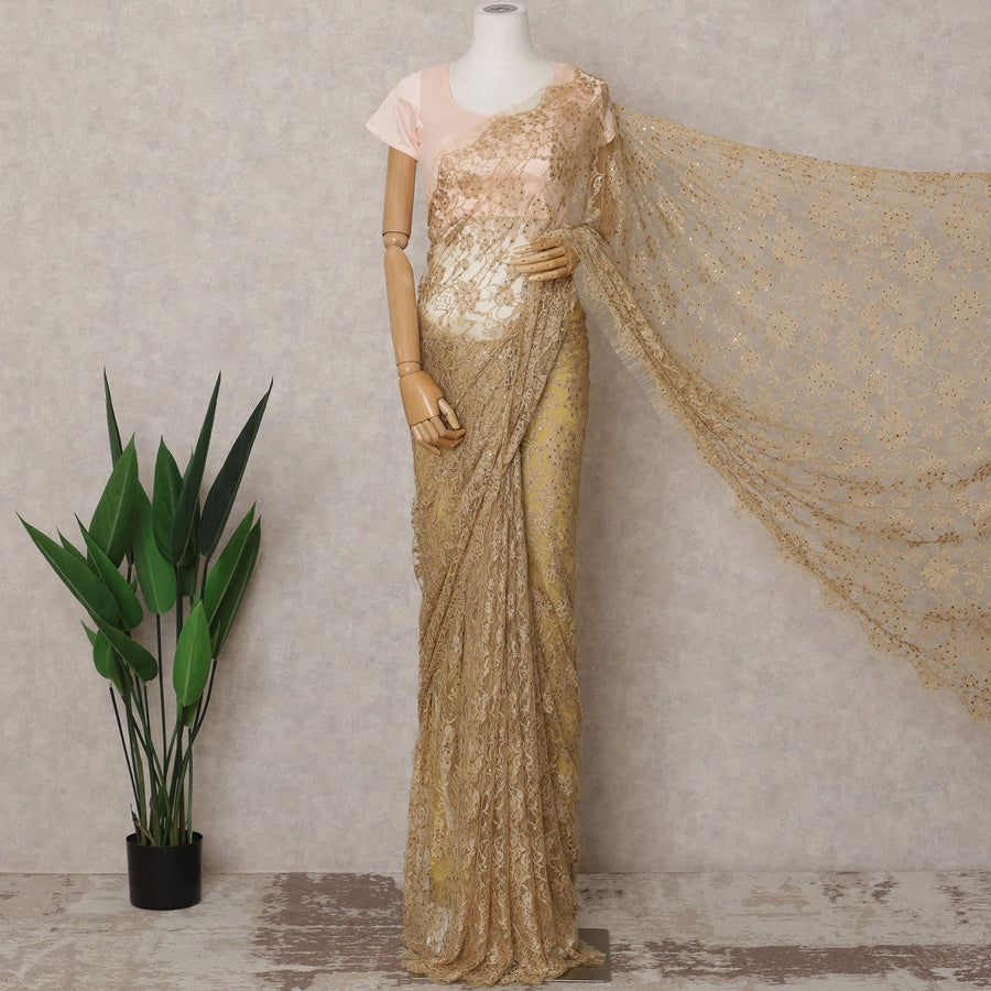 Caramel Gold Premium French 2-Tone Chantilly Lace Saree Fabric with Stone Work – 5.5 Meters Length & 110 Cms Width – Imported from France-D22950