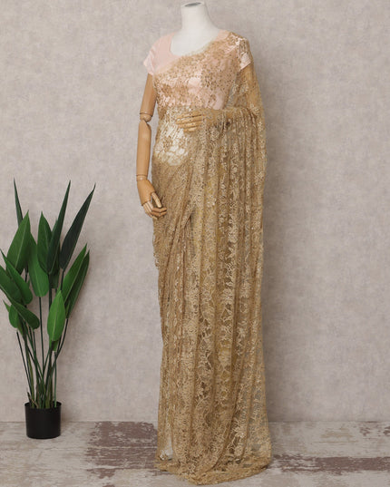 Caramel Gold Premium French 2-Tone Chantilly Lace Saree Fabric with Stone Work – 5.5 Meters Length & 110 Cms Width – Imported from France-D22950