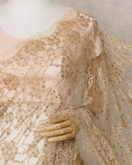 Caramel Gold Premium French 2-Tone Chantilly Lace Saree Fabric with Stone Work – 5.5 Meters Length & 110 Cms Width – Imported from France-D22950