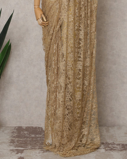 Caramel Gold Premium French 2-Tone Chantilly Lace Saree Fabric with Stone Work – 5.5 Meters Length & 110 Cms Width – Imported from France-D22950