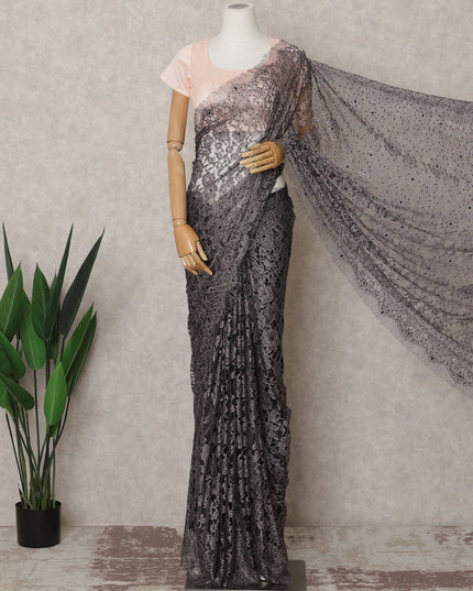 ساري فرنسي فاخر بلون بنفسجي دخاني من قماش شانتيلي ثنائي اللون مع تطريز حجري - طول 5.5 متر وعرض 110 سم - مستورد من فرنسا - D22951