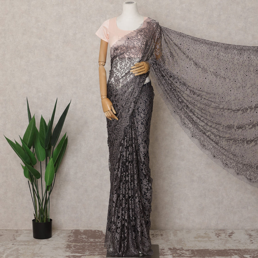 ساري فرنسي فاخر بلون بنفسجي دخاني من قماش شانتيلي ثنائي اللون مع تطريز حجري - طول 5.5 متر وعرض 110 سم - مستورد من فرنسا - D22951