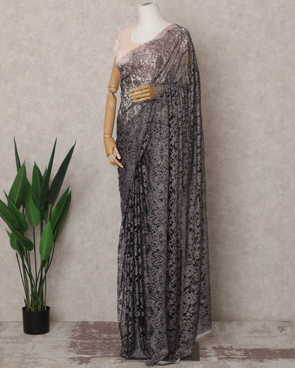 ساري فرنسي فاخر بلون بنفسجي دخاني من قماش شانتيلي ثنائي اللون مع تطريز حجري - طول 5.5 متر وعرض 110 سم - مستورد من فرنسا - D22951