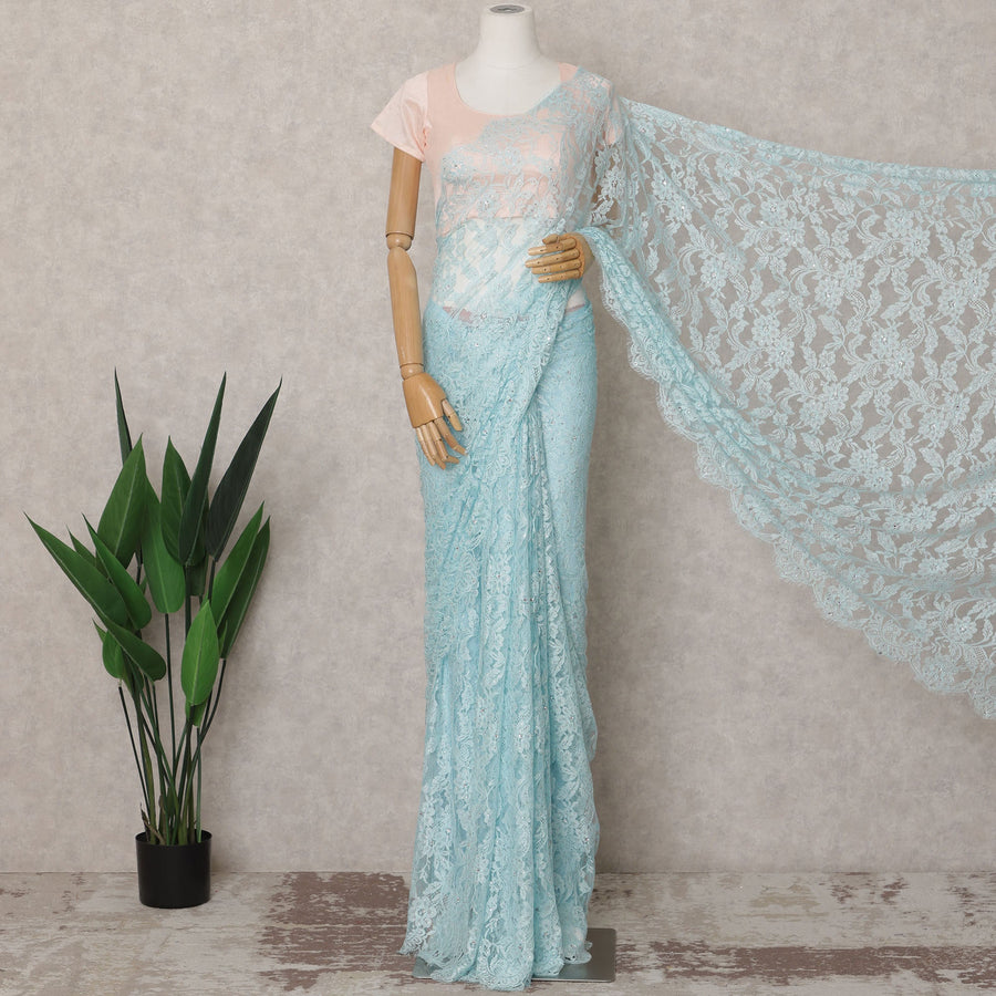 Ice Blue Premium French 2-Tone Chantilly Lace Saree Fabric with Stone Work – 5.5 Meters Length & 110 Cms Width – Imported from France-D22953