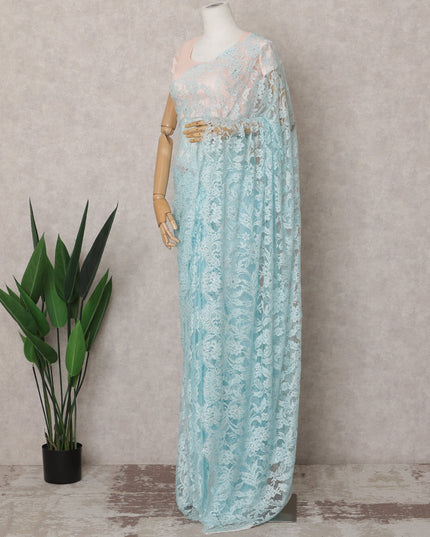 Ice Blue Premium French 2-Tone Chantilly Lace Saree Fabric with Stone Work – 5.5 Meters Length & 110 Cms Width – Imported from France-D22953