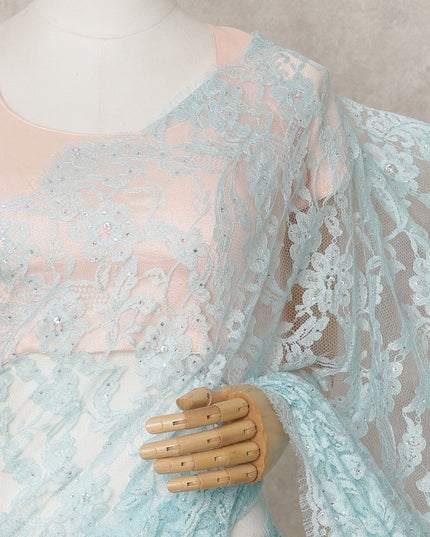 Ice Blue Premium French 2-Tone Chantilly Lace Saree Fabric with Stone Work – 5.5 Meters Length & 110 Cms Width – Imported from France-D22953