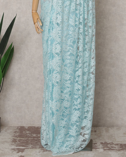 Ice Blue Premium French 2-Tone Chantilly Lace Saree Fabric with Stone Work – 5.5 Meters Length & 110 Cms Width – Imported from France-D22953