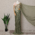 Olive Green Premium French Chantilly Lace Saree Fabric with Stone Work – 5.5 Meters Length & 110 Cms Width – Imported from France-D22954