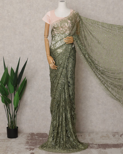 Olive Green Premium French Chantilly Lace Saree Fabric with Stone Work – 5.5 Meters Length & 110 Cms Width – Imported from France-D22954