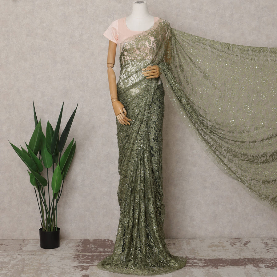 Olive Green Premium French Chantilly Lace Saree Fabric with Stone Work – 5.5 Meters Length & 110 Cms Width – Imported from France-D22954