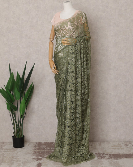 Olive Green Premium French Chantilly Lace Saree Fabric with Stone Work – 5.5 Meters Length & 110 Cms Width – Imported from France-D22954