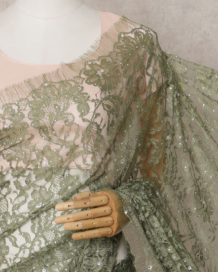 Olive Green Premium French Chantilly Lace Saree Fabric with Stone Work – 5.5 Meters Length & 110 Cms Width – Imported from France-D22954