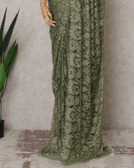 Olive Green Premium French Chantilly Lace Saree Fabric with Stone Work – 5.5 Meters Length & 110 Cms Width – Imported from France-D22954