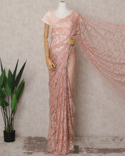 Peachy Pink Premium French Chantilly Lace Saree Fabric with Stone Work – 5.5 Meters Length & 110 Cms Width – Imported from France-D22955