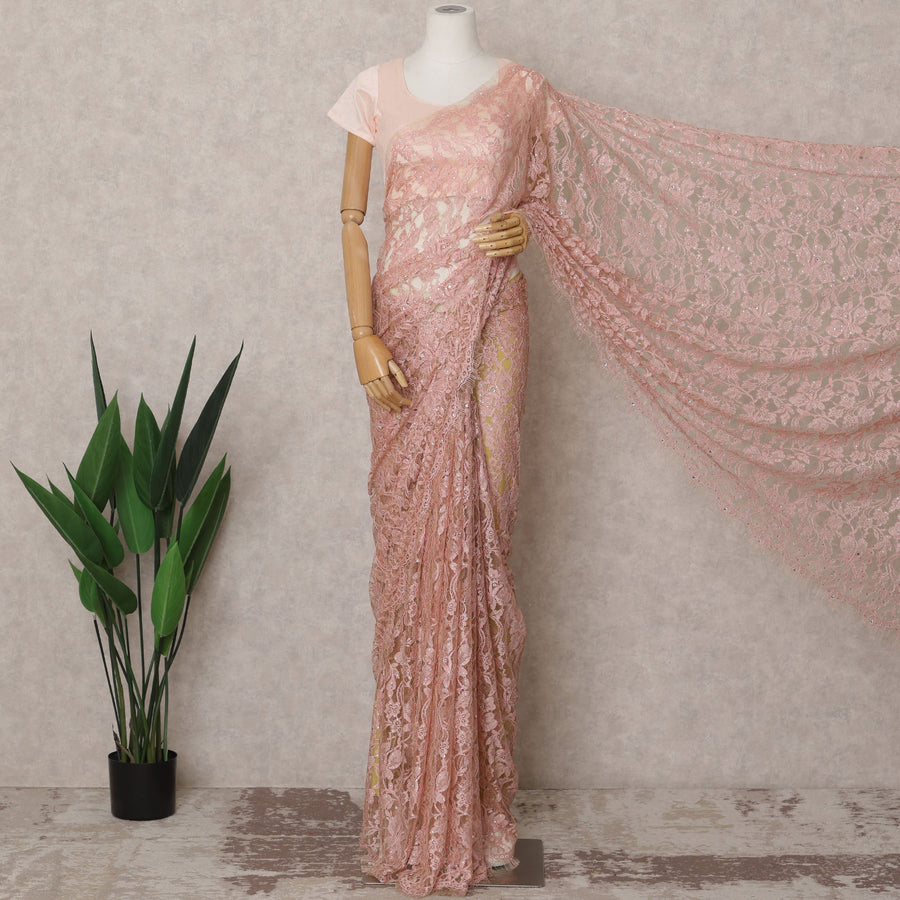 Peachy Pink Premium French Chantilly Lace Saree Fabric with Stone Work – 5.5 Meters Length & 110 Cms Width – Imported from France-D22955