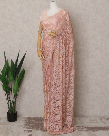Peachy Pink Premium French Chantilly Lace Saree Fabric with Stone Work – 5.5 Meters Length & 110 Cms Width – Imported from France-D22955