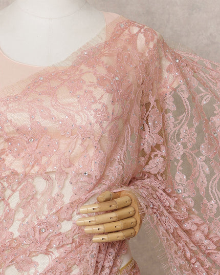Peachy Pink Premium French Chantilly Lace Saree Fabric with Stone Work – 5.5 Meters Length & 110 Cms Width – Imported from France-D22955