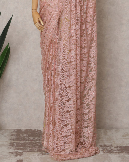 Peachy Pink Premium French Chantilly Lace Saree Fabric with Stone Work – 5.5 Meters Length & 110 Cms Width – Imported from France-D22955