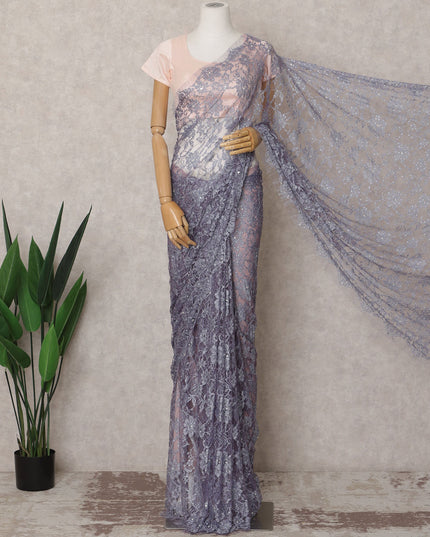 Lavender Grey Premium French 2-Tone Chantilly Lace Saree Fabric with Stone Work – 5.5 Meters Length & 110 Cms Width – Imported from France-D22956