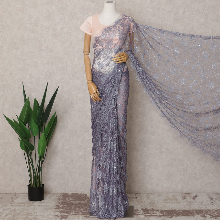 Lavender Grey Premium French 2-Tone Chantilly Lace Saree Fabric with Stone Work – 5.5 Meters Length & 110 Cms Width – Imported from France-D22956