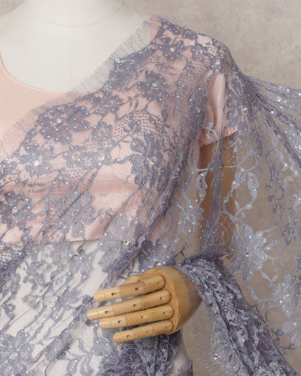 Lavender Grey Premium French 2-Tone Chantilly Lace Saree Fabric with Stone Work – 5.5 Meters Length & 110 Cms Width – Imported from France-D22956