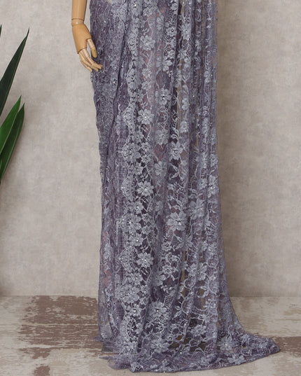 Lavender Grey Premium French 2-Tone Chantilly Lace Saree Fabric with Stone Work – 5.5 Meters Length & 110 Cms Width – Imported from France-D22956
