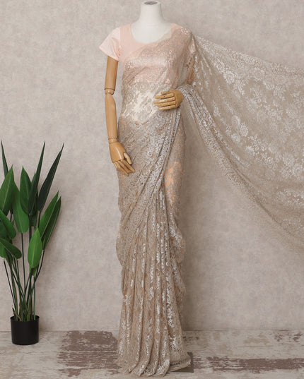 ساري فرنسي فاخر من قماش الشانتيلي المعدني بلون الشمبانيا البيج - طول 5.5 متر وعرض 110 سم - مستورد من فرنسا - D22957