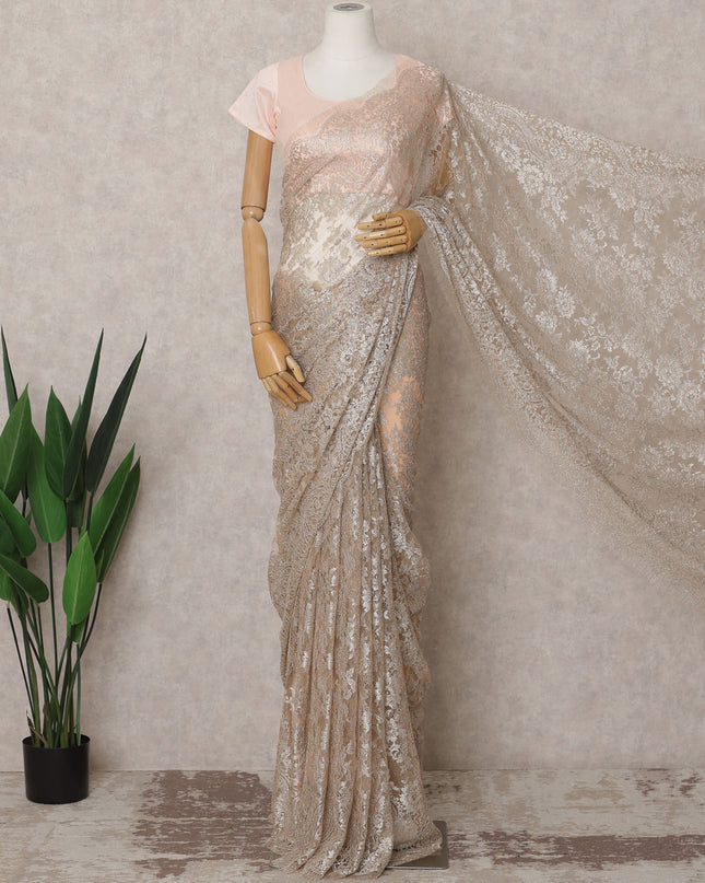 ساري فرنسي فاخر من قماش الشانتيلي المعدني بلون الشمبانيا البيج - طول 5.5 متر وعرض 110 سم - مستورد من فرنسا - D22957