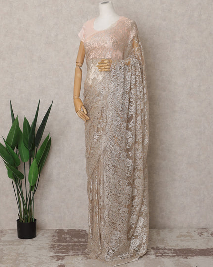 ساري فرنسي فاخر من قماش الشانتيلي المعدني بلون الشمبانيا البيج - طول 5.5 متر وعرض 110 سم - مستورد من فرنسا - D22957