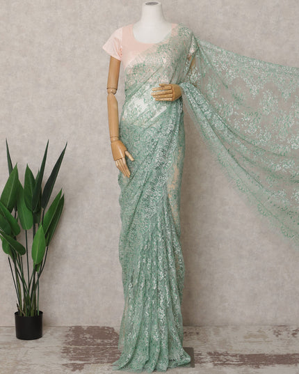 Mint Green Premium French Metallic Chantilly Lace Saree Fabric – 5.5 Meters Length & 110 Cms Width – Imported from France-D22958