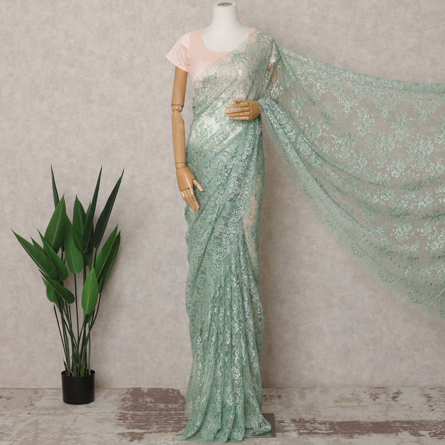 Mint Green Premium French Metallic Chantilly Lace Saree Fabric – 5.5 Meters Length & 110 Cms Width – Imported from France-D22958