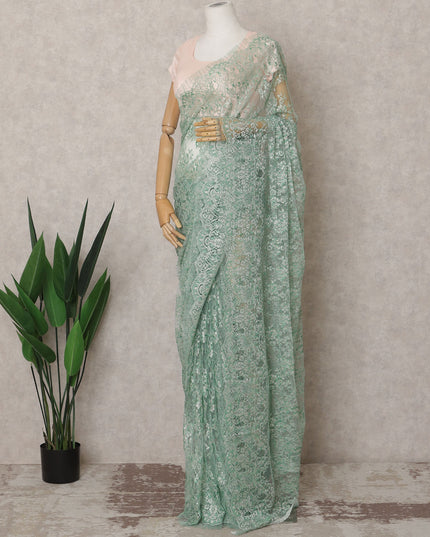 Mint Green Premium French Metallic Chantilly Lace Saree Fabric – 5.5 Meters Length & 110 Cms Width – Imported from France-D22958